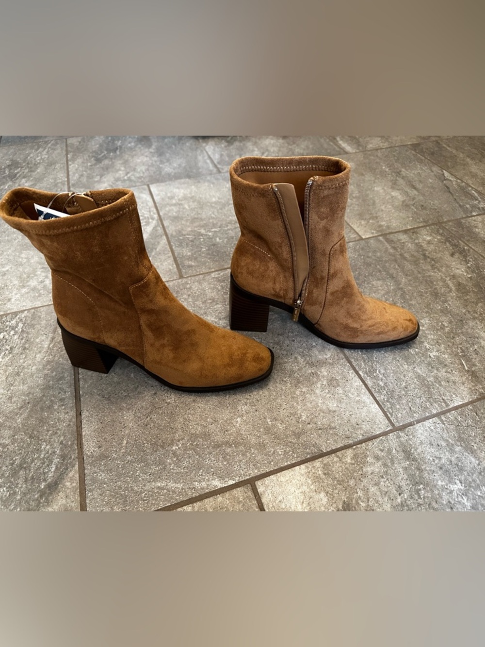 Anne Klein Suede Mid-Calf Ankle Boots in Camel